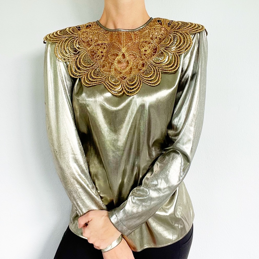 Vintage Sam André metallic silver gold lace long sleeve blouse size 10